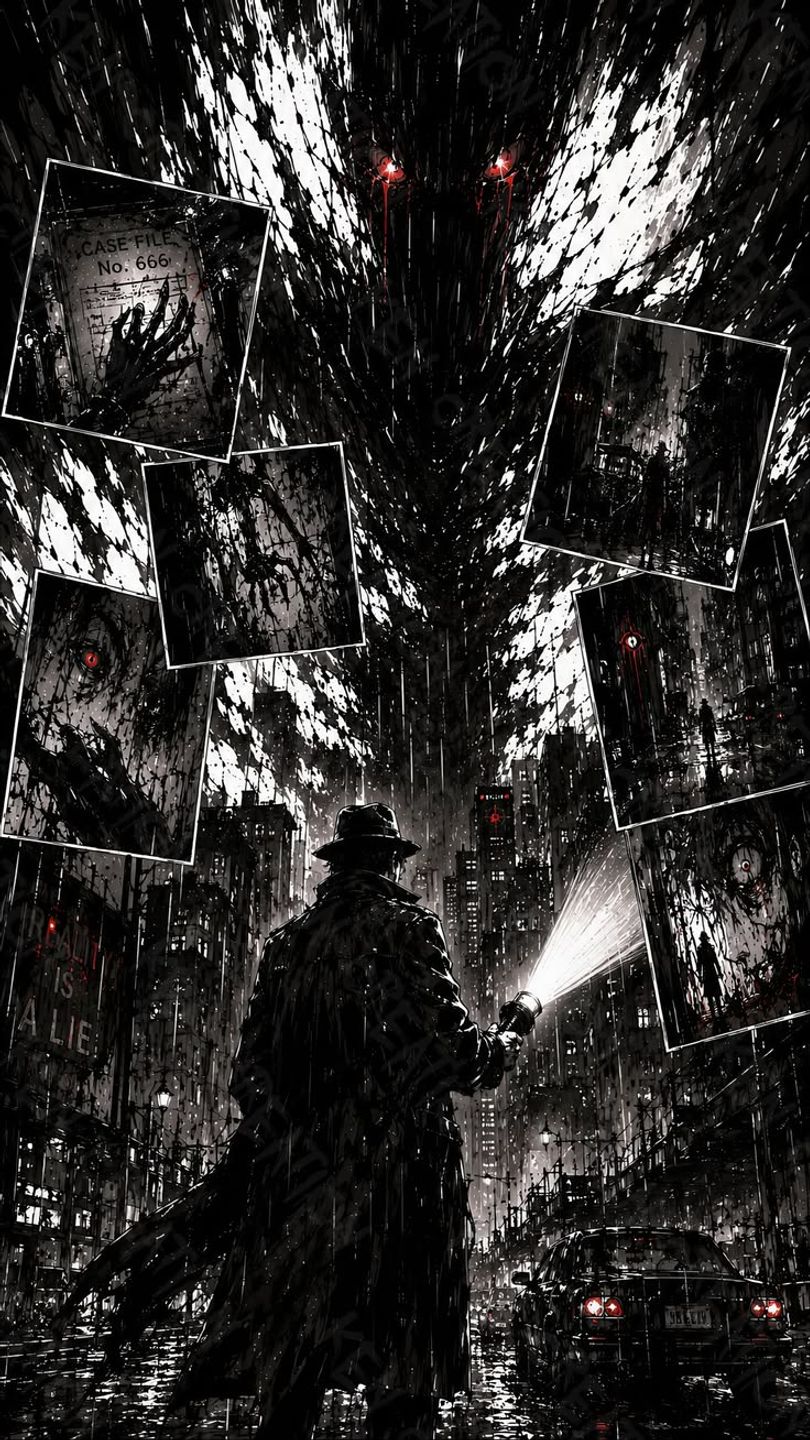 Noir Detective Horror 4K · Raw Ink Spatter & Eldritch Mystery Art