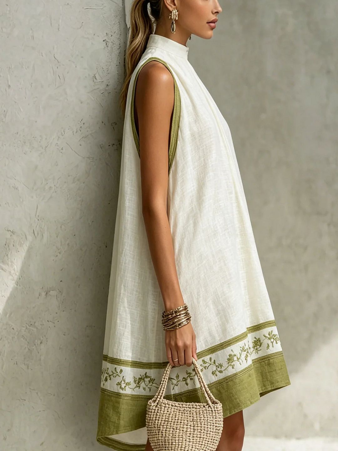 Agathe | Robe Mini Trapèze Sans Manches Blanche et Vert Olive à Fleurs