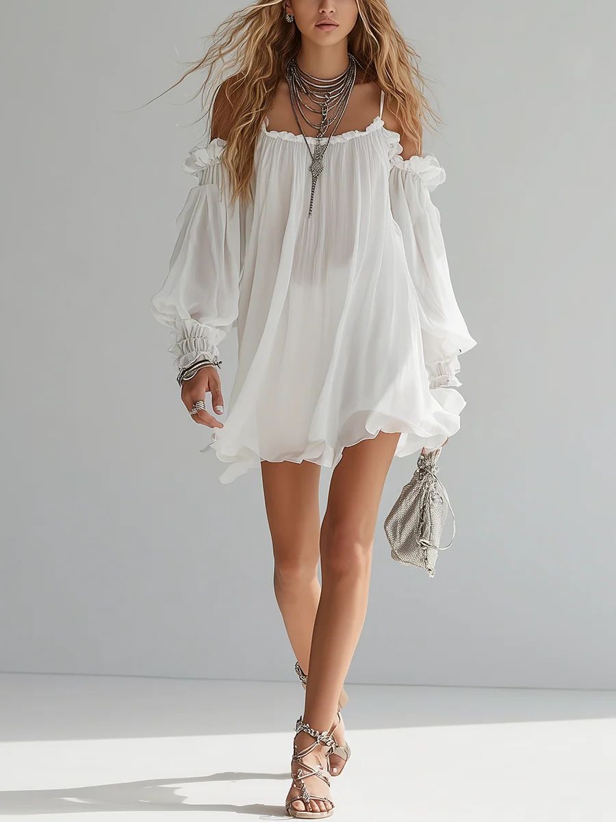Mélusine | Robe Mini Fluide Style Bohème à Épaules Dénudées
