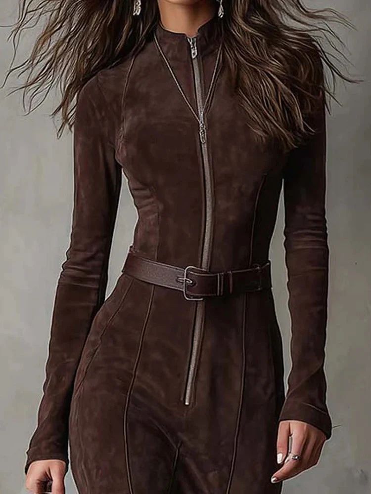 Marceline | Robe Longue Marron avec Ceinture