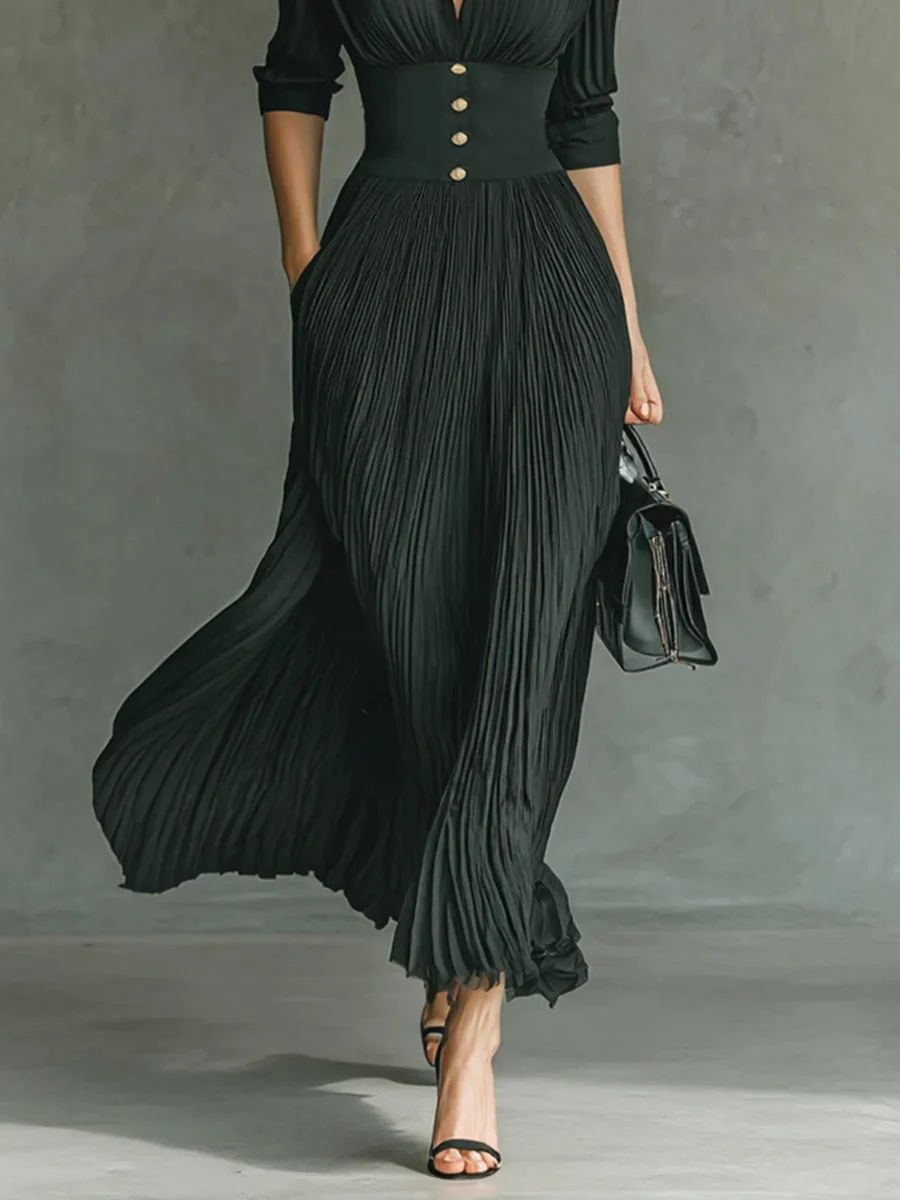 Elvire | Robe Longue Plissée à Revers et Taille Haute