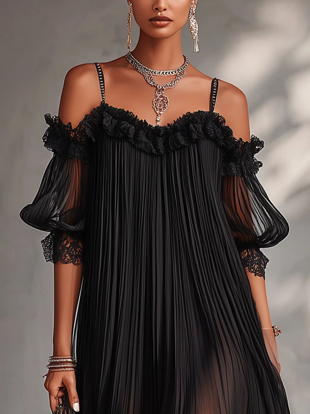 Léonie | Mini Robe Noire, Épaules Dénudées, Bordure en Dentelle