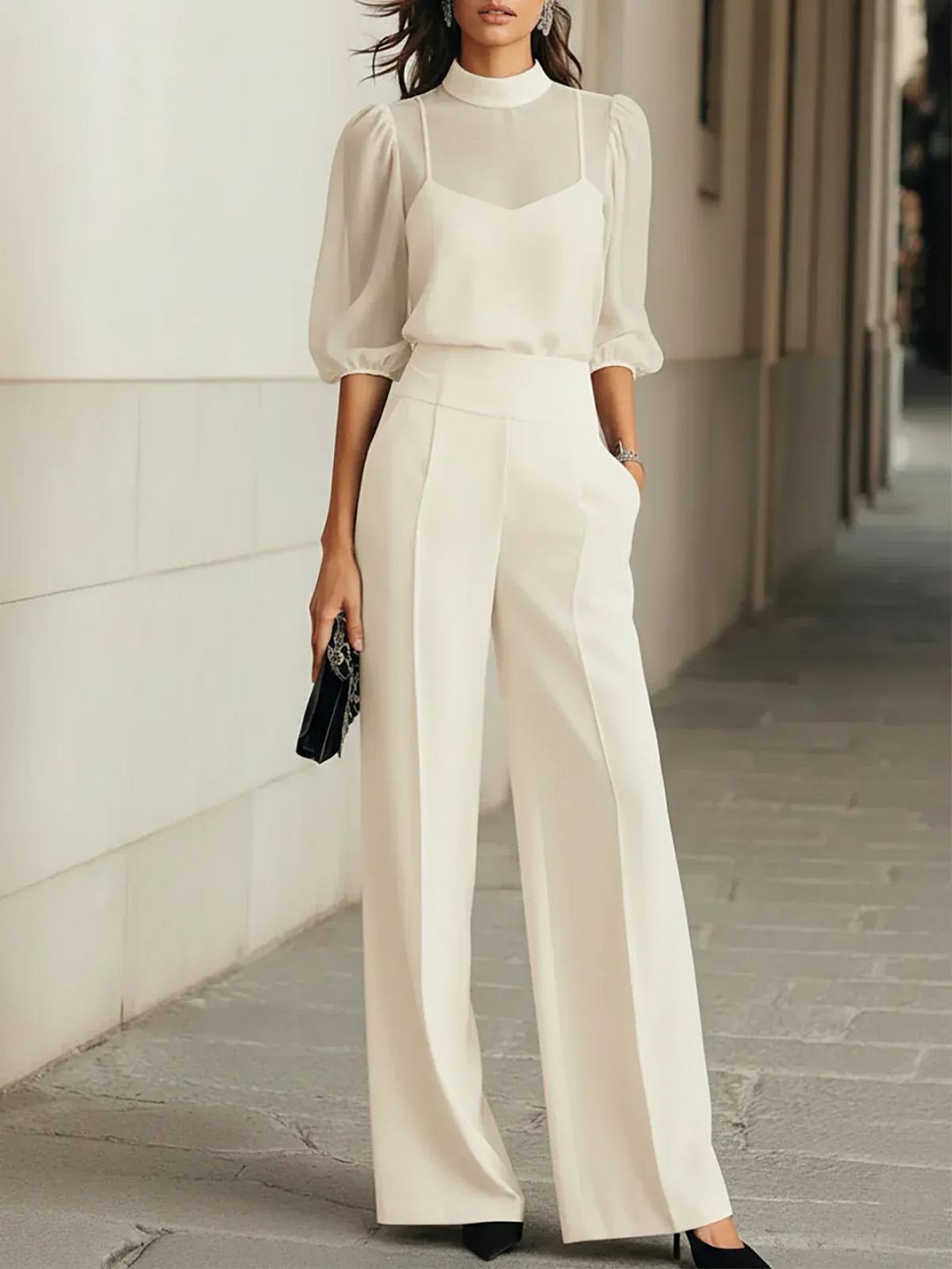 Valéria | Ensemble Trois Pièces Caraco Transparent et Pantalon Large