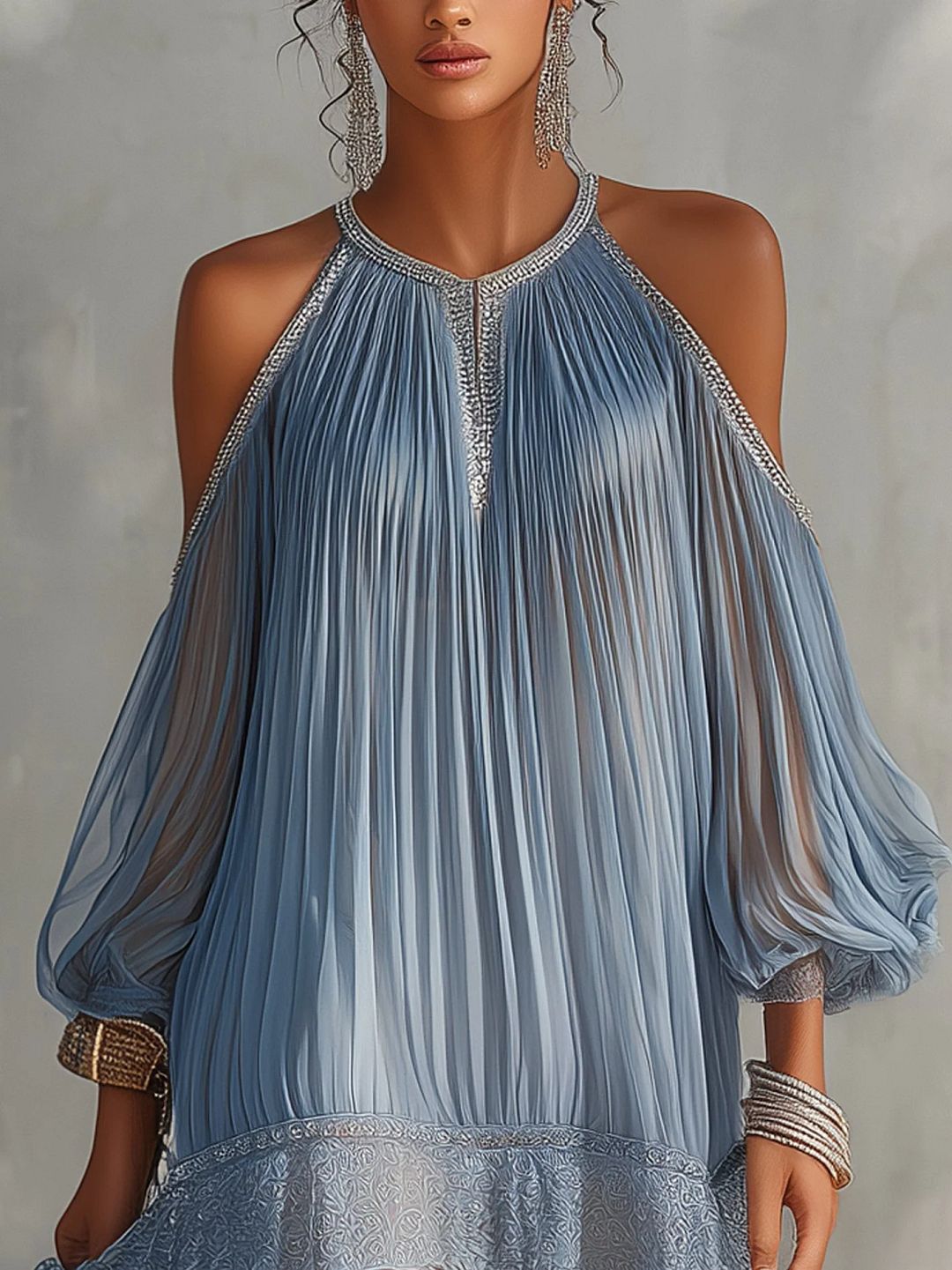Séraphine | Robe Mini Bleue à Épaules Dénudées Froncée et Ourlet en Dentelle