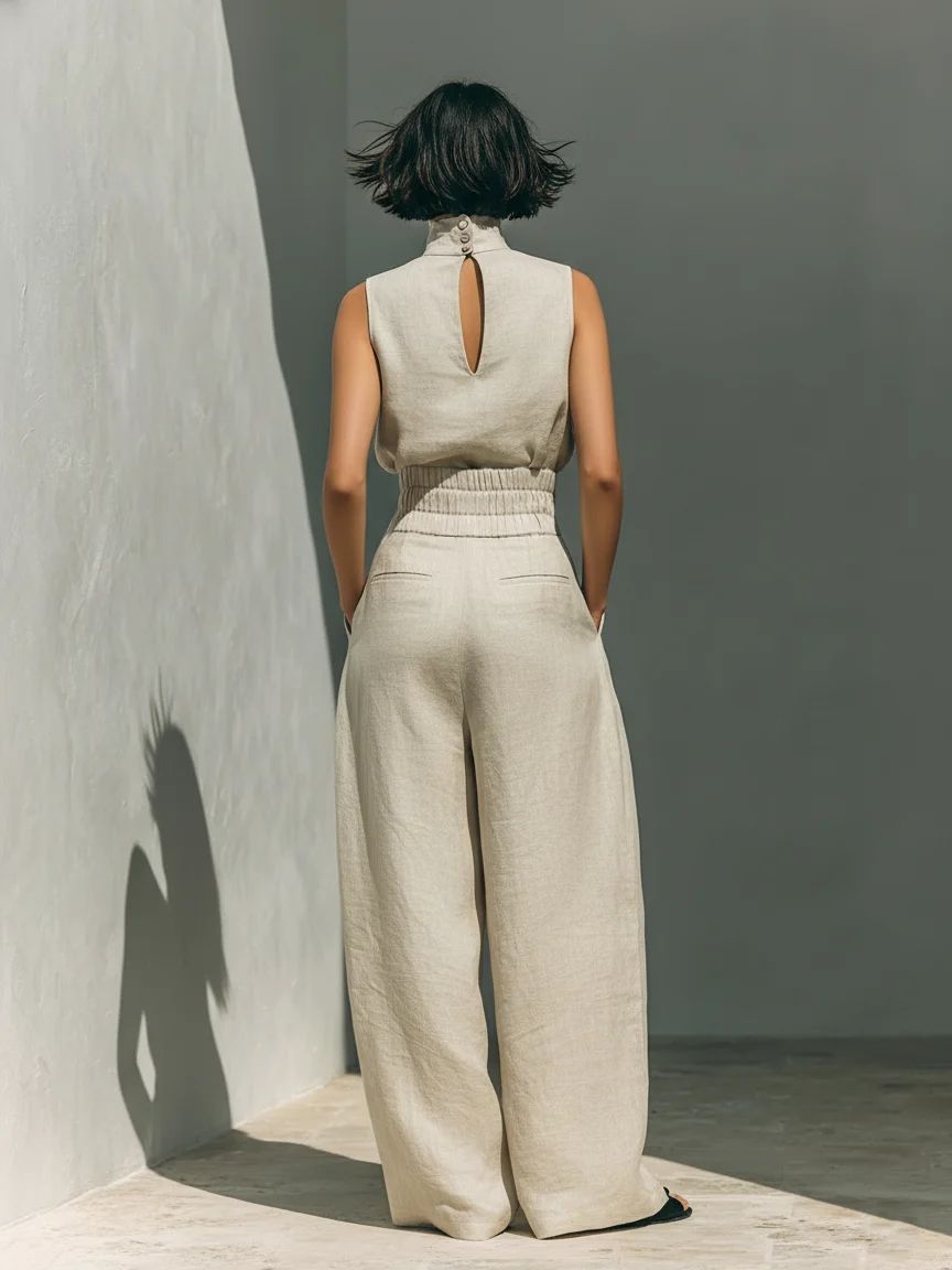 Aurora | Ensemble deux pièces beige en lin avec haut sans manches et pantalon large