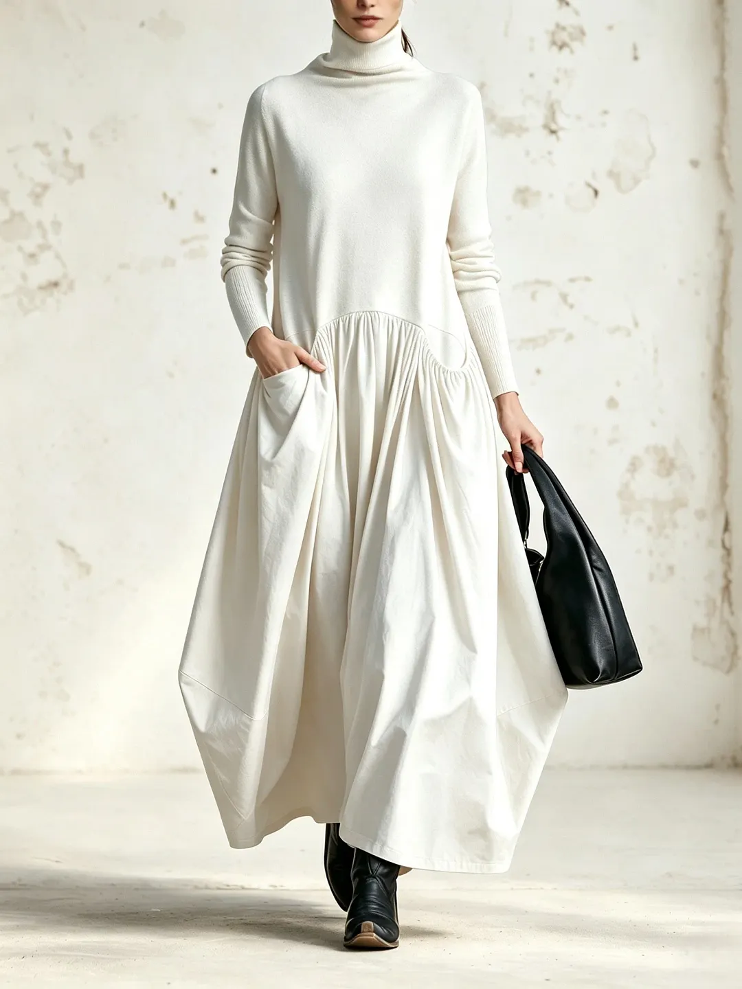 Odette | Robe Maxi Noire Oversize à Col Montant