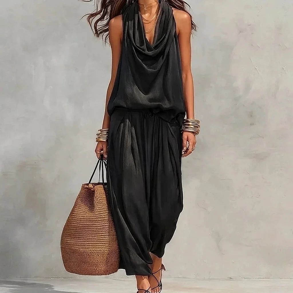 Ambre | Ensemble Fluide Haut Halter Drapé et Pantalon