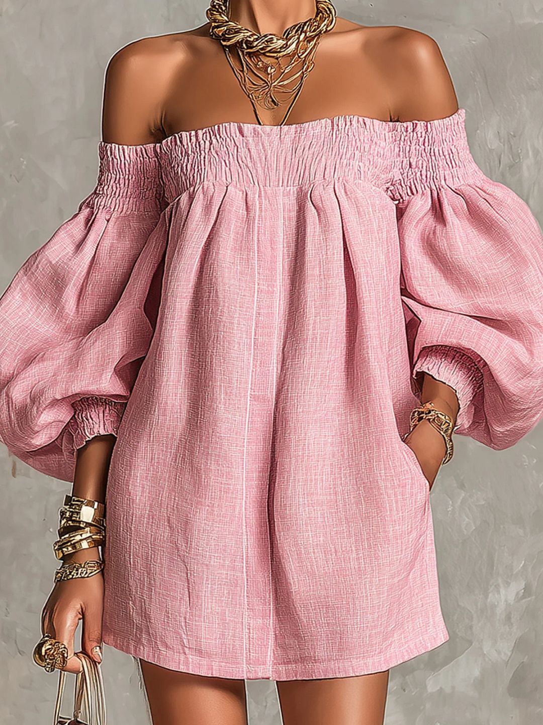 Violette | Robe Mini Trapèze Rose à Manches Lanterne et Épaules Dénudées