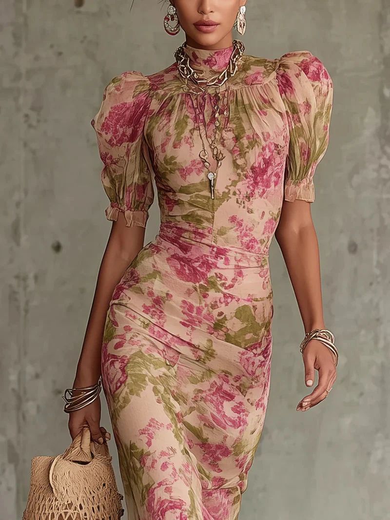 Florette | Robe maxi romantique à imprimé roses vintage et manches bouffantes