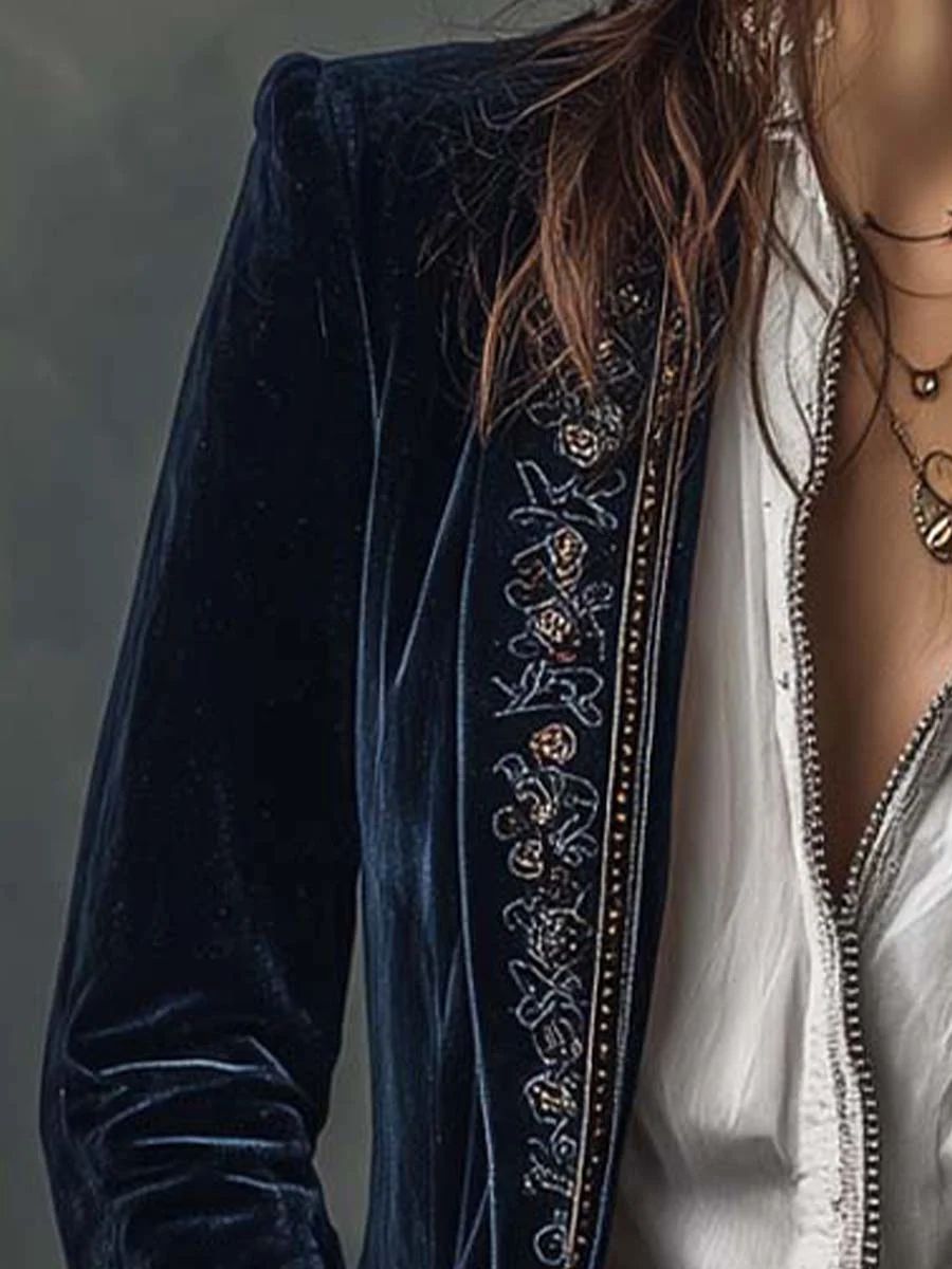 Athénaïs | Veste Longue Brodée Vintage Bleu Marine