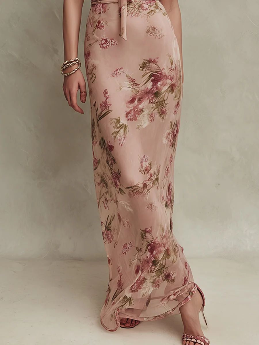Lia | Robe maxi en mousseline à imprimé floral élégant et encolure goutte d'eau