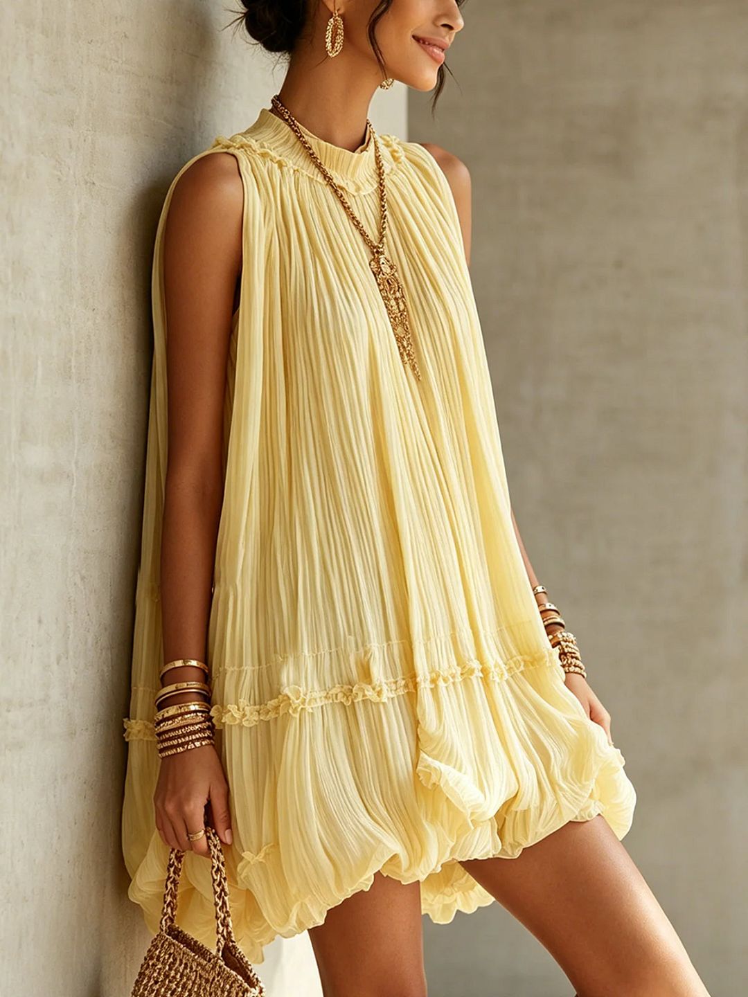 Margaux | Mini Robe à Volants, Col Halter, Jaune