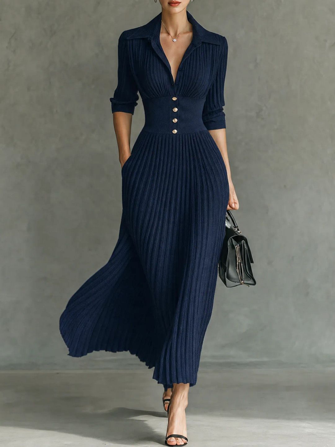 Elvire | Robe Longue Plissée à Revers et Taille Haute
