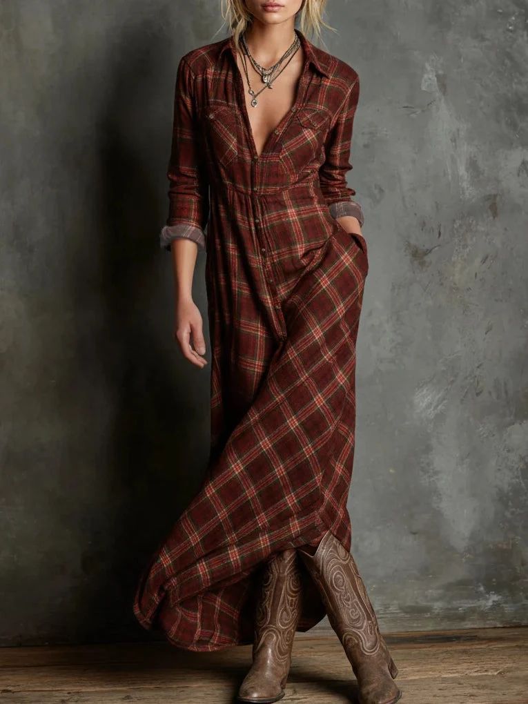 Valentine | Robe Longue Chemise à Col à Carreaux Verts