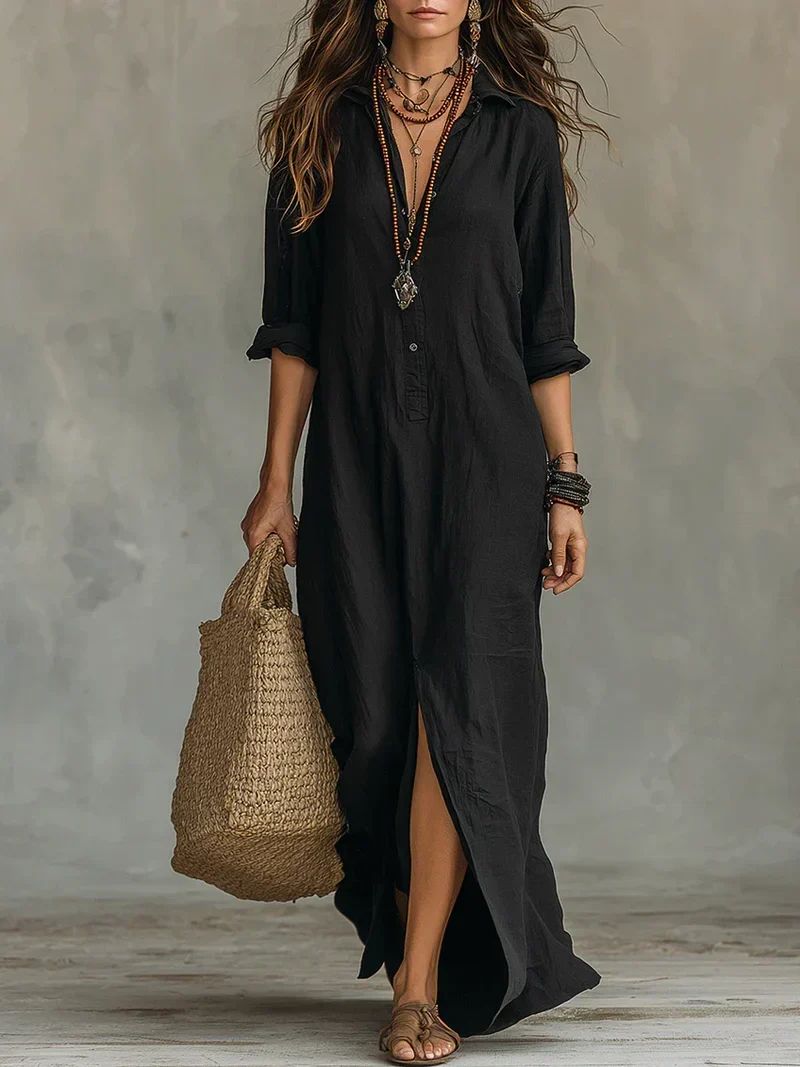 Céline™ | Robe Maxi Noire Ample à Boutons