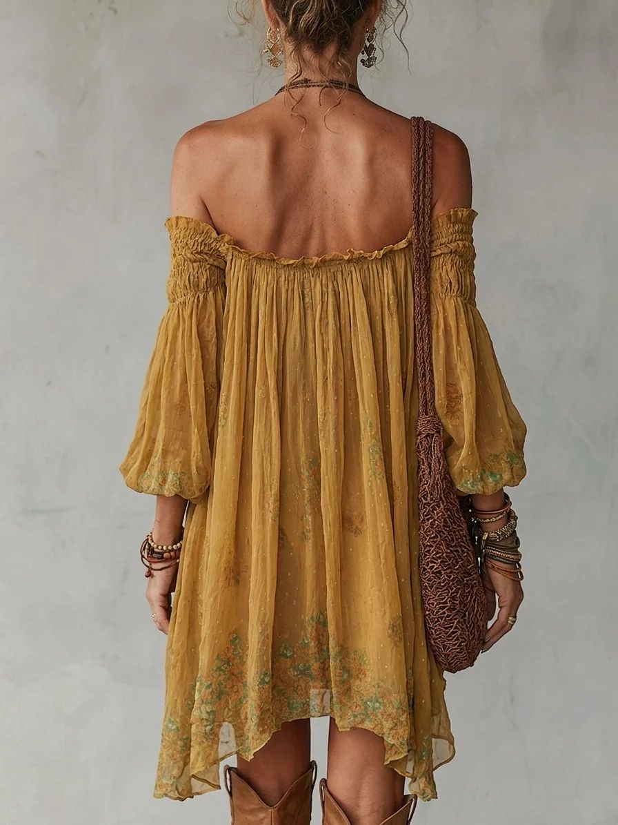 Jonquille | Mini Robe Fleurie Jaune, Épaules Dénudées