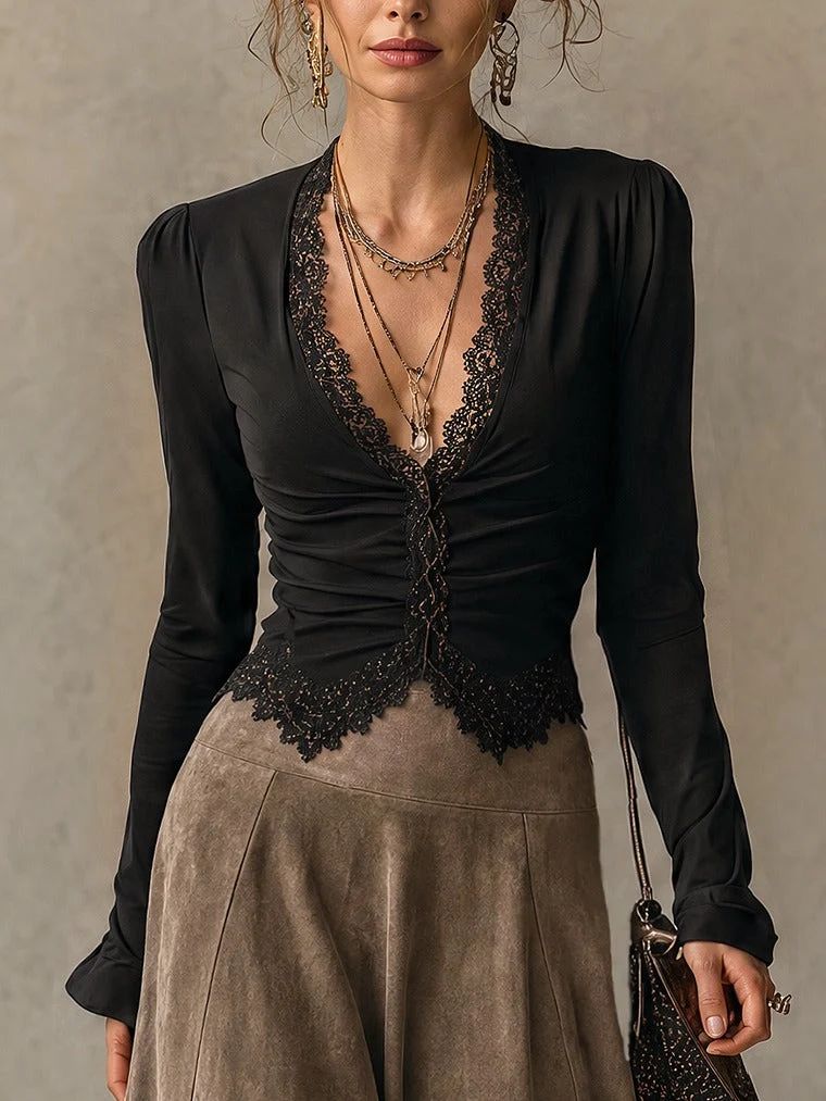 Albane | Ensemble Top en Dentelle et Jupe Maxi Suédine, Noir et Taupe