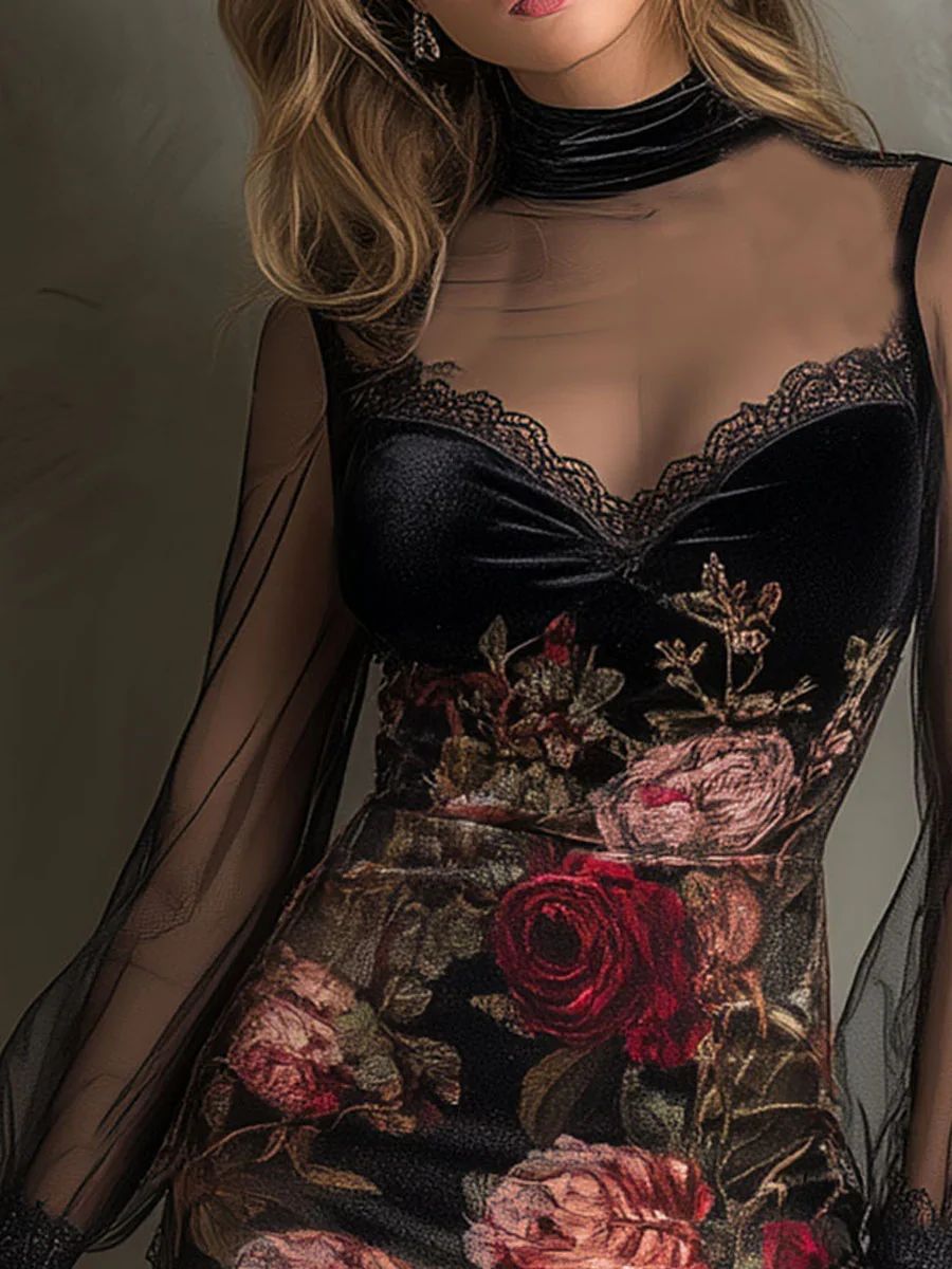 Églantine | Mini Robe en Tulle, Imprimé Roses et Dentelle