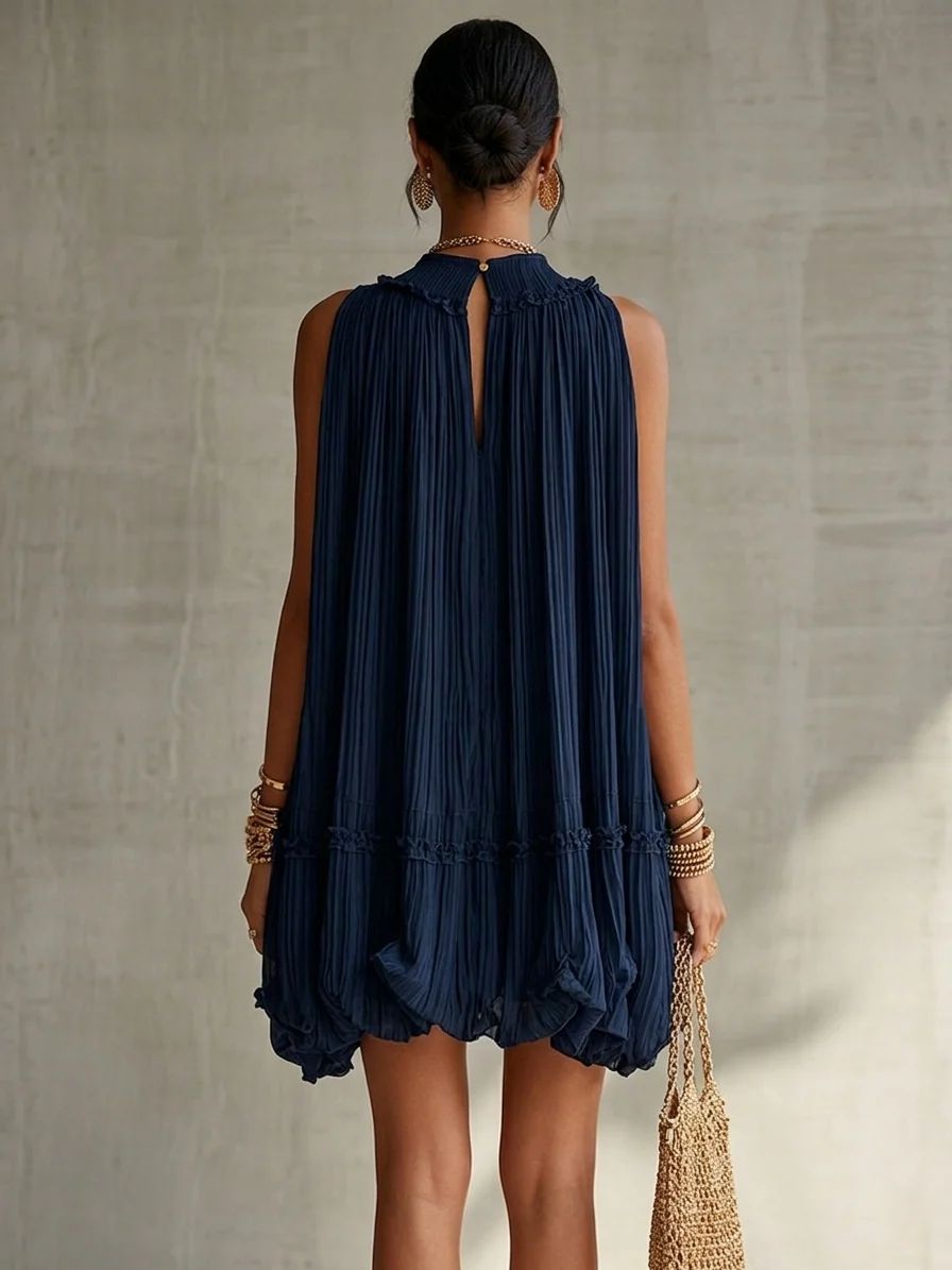 Océane | Mini Robe à Volants, Col Halter, Bleu Marine