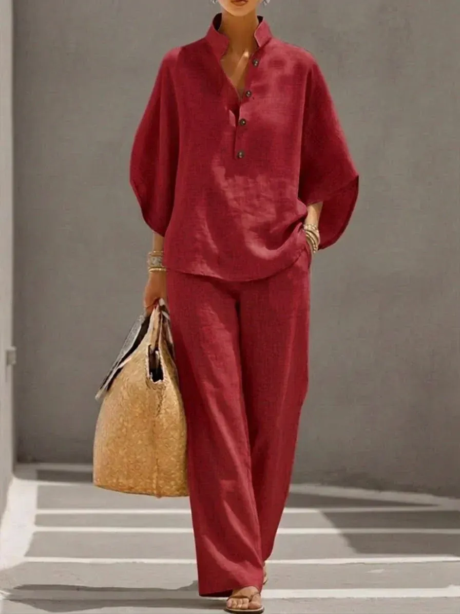Sophie | Ensemble en lin avec manches chauve-souris et pantalon large