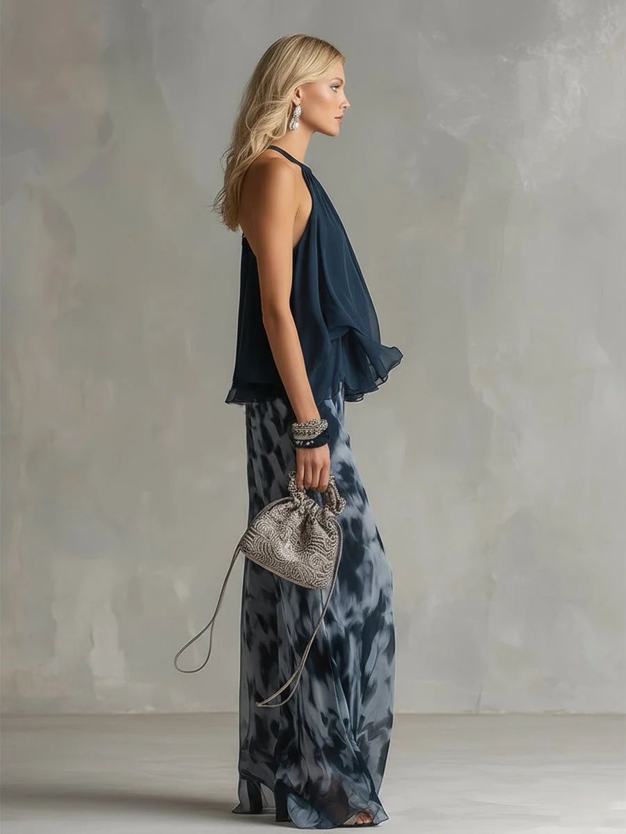 Chloé | Ensemble élégant avec haut dos nu bleu marine et pantalon large imprimé