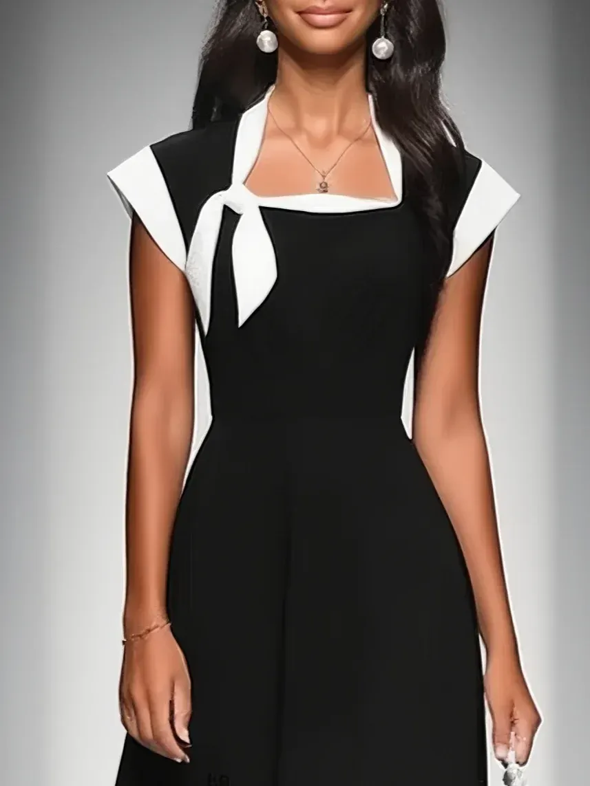 Ariane | Robe Midi Femme à Décolleté Carré et Manches Colorblock