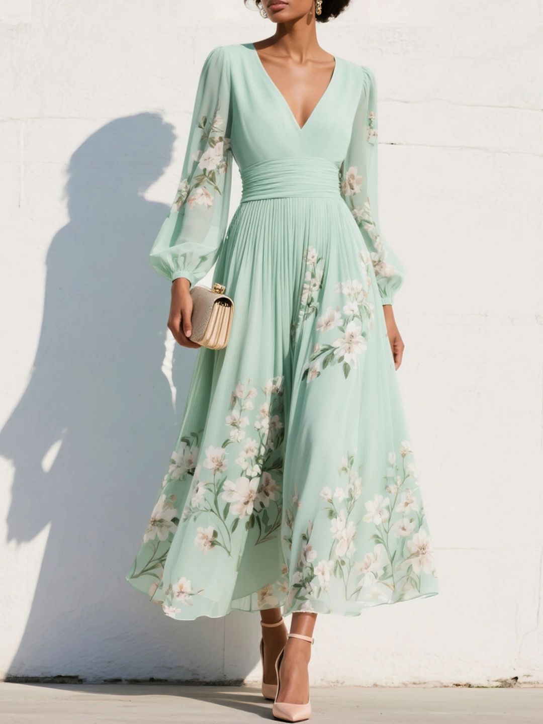 Susane | Robe maxi plissée en mousseline vert menthe à imprimé fleuri pour femme
