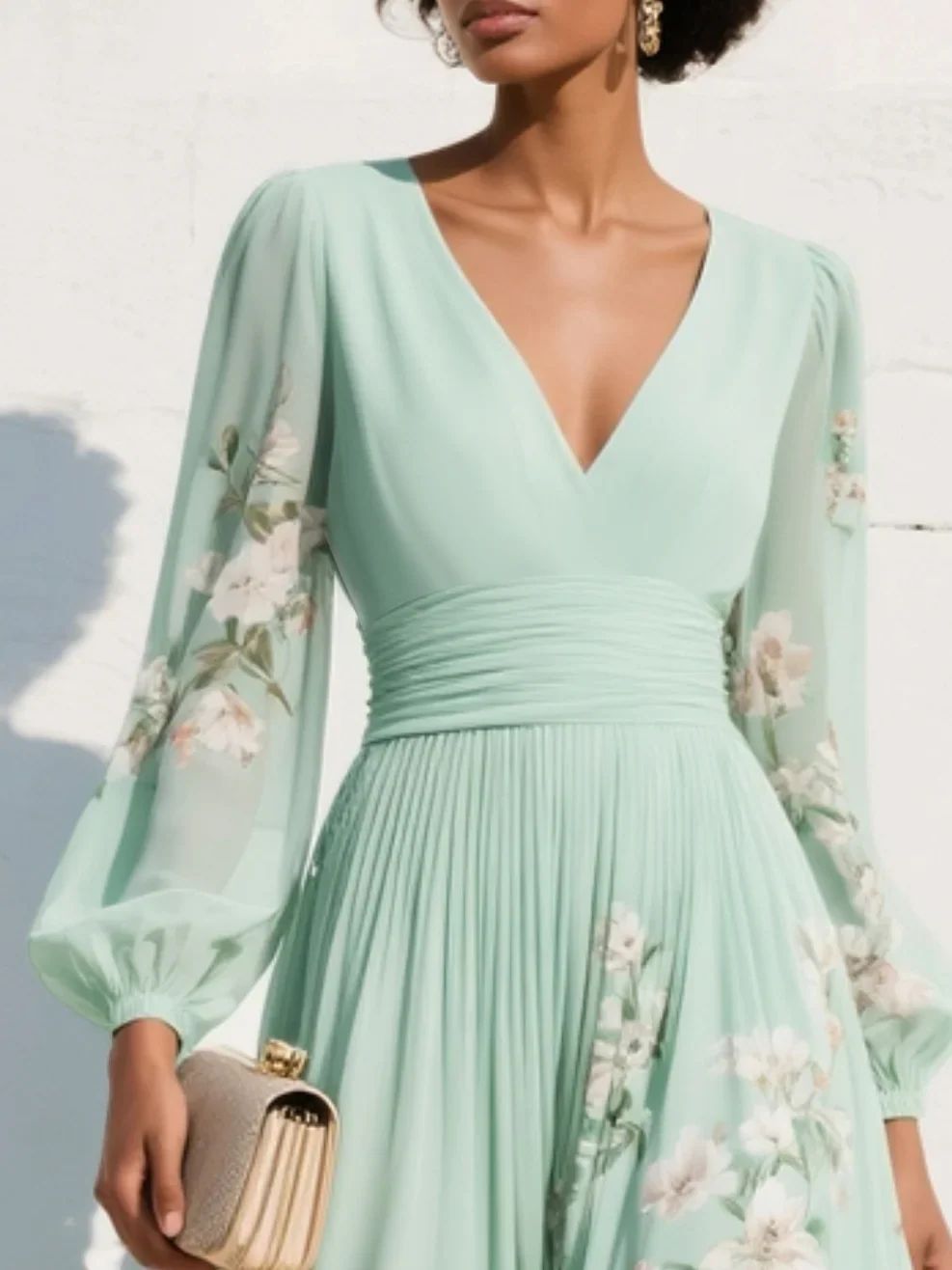 Susane | Robe maxi plissée en mousseline vert menthe à imprimé fleuri pour femme