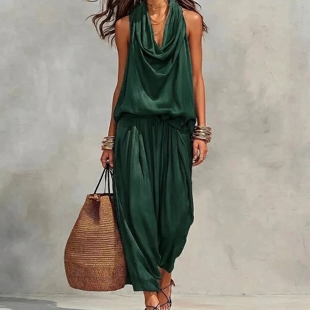 Ambre | Ensemble Fluide Haut Halter Drapé et Pantalon
