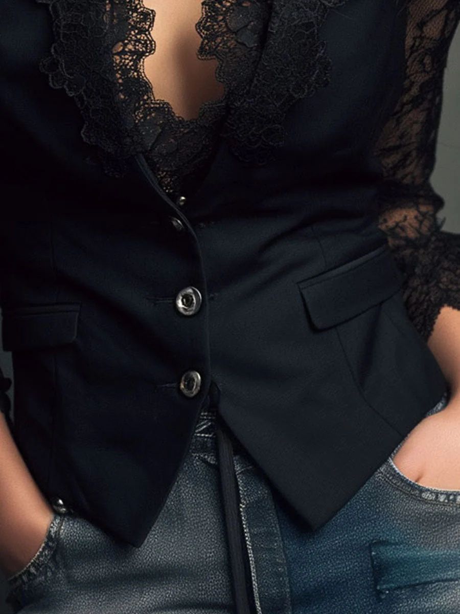 Noémie | Haut Blazer Noir à Manches Semi-Transparentes