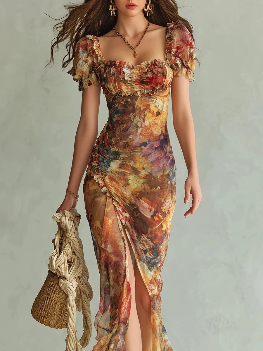 Violette | Robe maxi en mousseline orange à imprimé peinture à l'huile style bohème