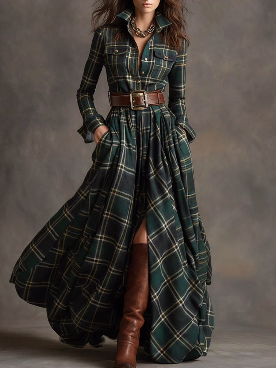 Beatriz | Long Checkered Dress with Belt