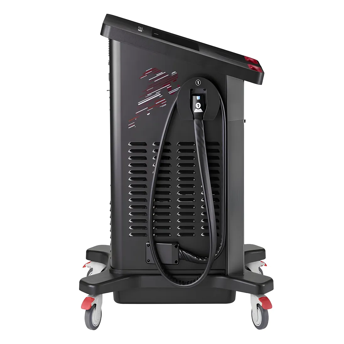 Game Ready Med4 Elite control unit, side view with connector hose stored