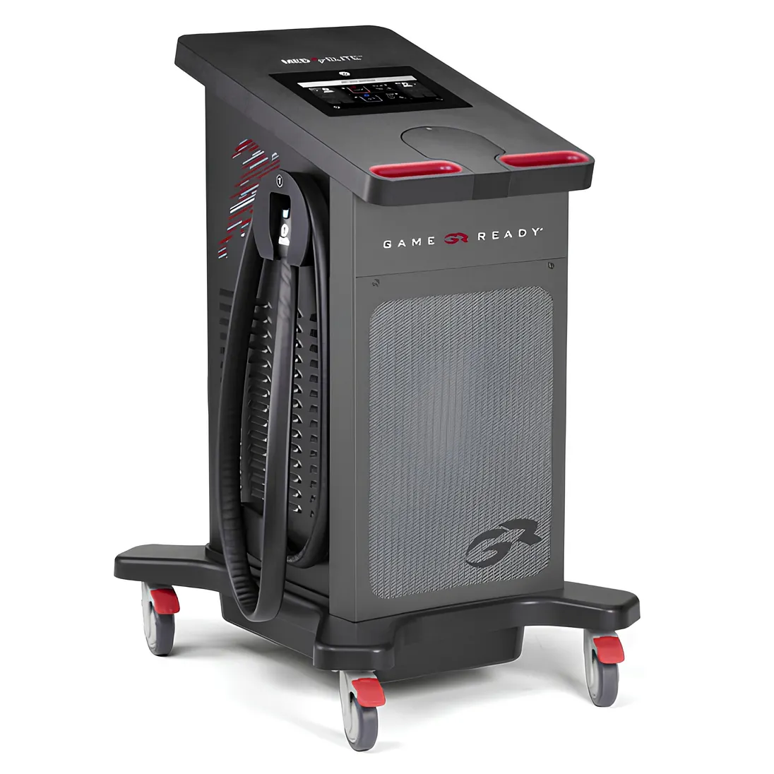 Game Ready Med4 Elite multi-modality control unit on four lockable wheels with touchscreen, angled view