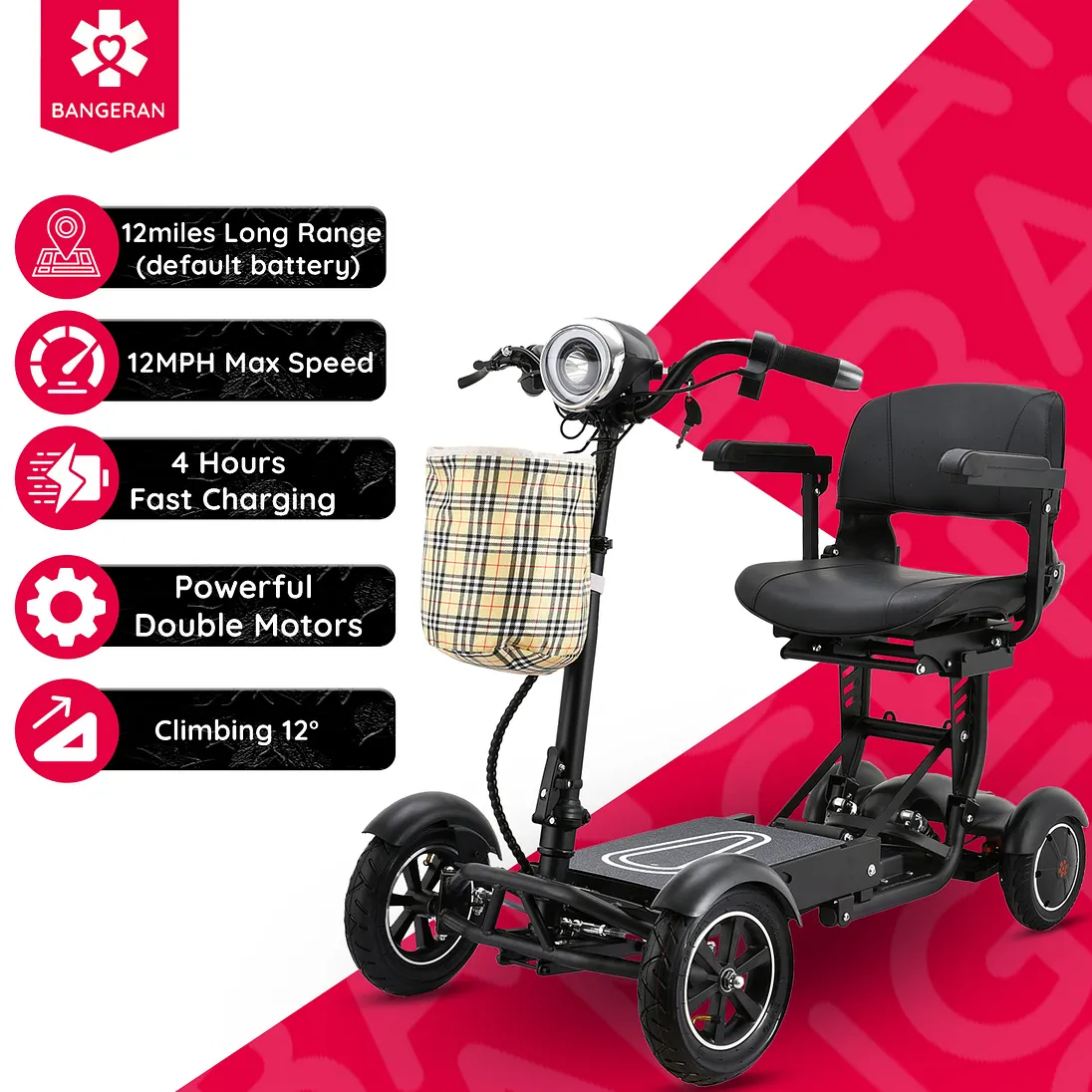 Bangeran 4-Wheel Collapsible Portable Electric Mobility Scooter – Black