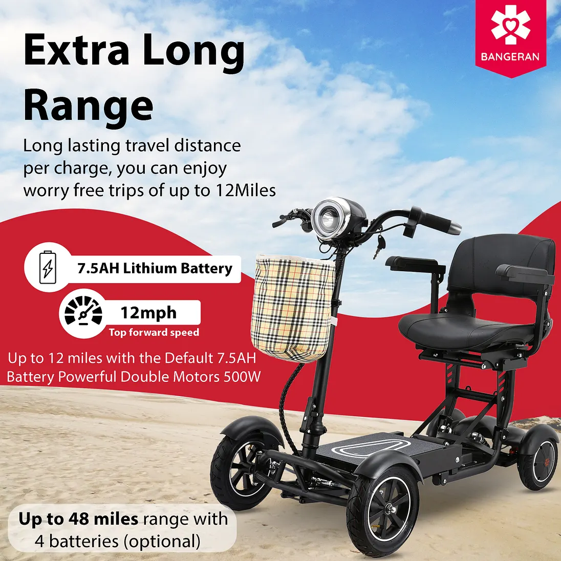 Bangeran 4-Wheel Collapsible Portable Electric Mobility Scooter – Black