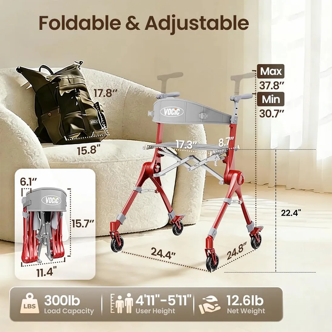 Vocic Z35 PackGo Foldable Lightweight Rollator Walker