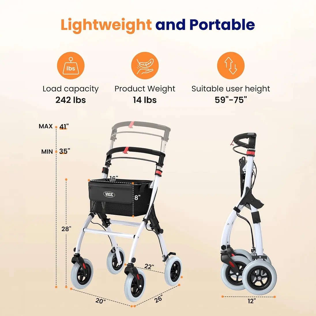 Vocic Z32 Slim Foldable Indoor Rollator for Small Spaces