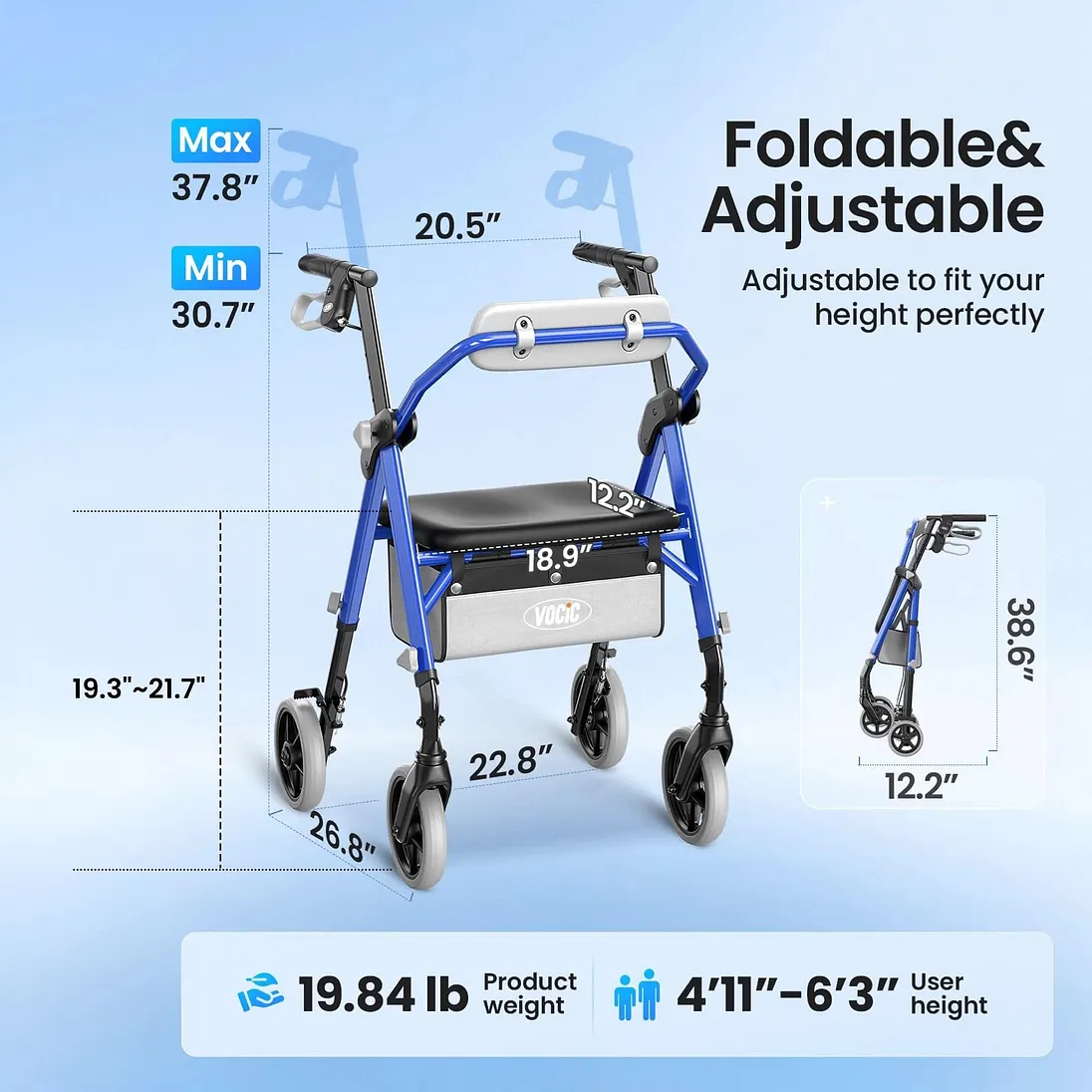 Vocic Z11 Standard Rollator Walker with Padded Seat