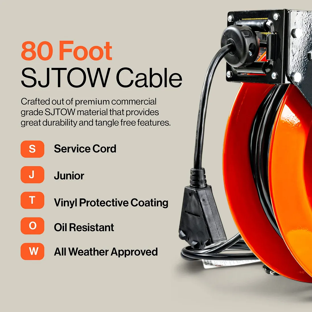 SuperHandy Steel Extension Cord Reel, 12AWG, 80 ft - GUR071