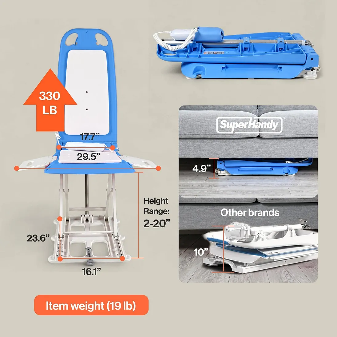 SuperHandy Portable Floor & Bath Lift with Removable Panels, Spa Blue, 330 lb Capacity - GUT195