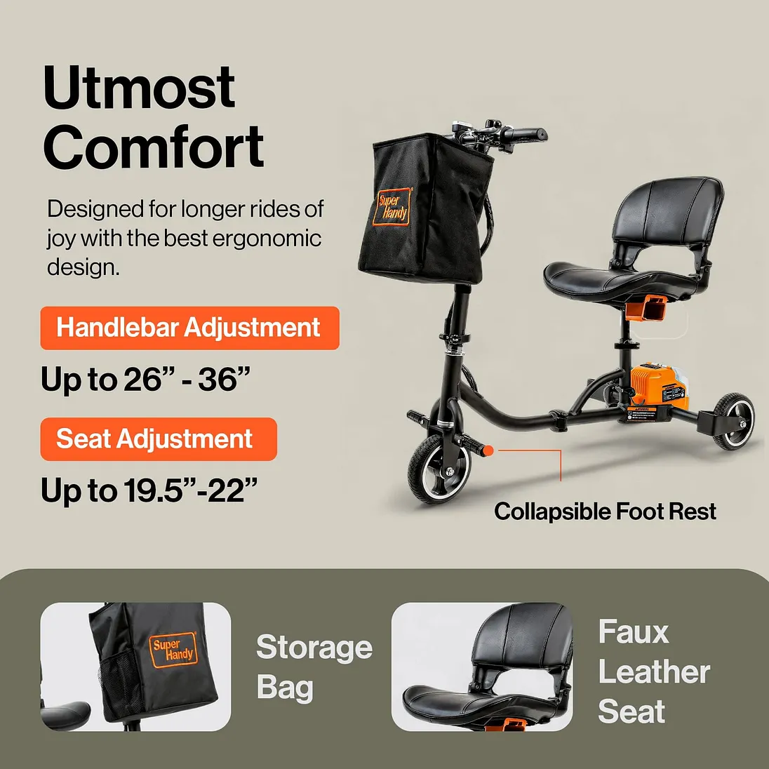 SuperHandy Passport 3-Wheel Foldable Travel Mobility Scooter, 48V 2Ah Battery - GUT184