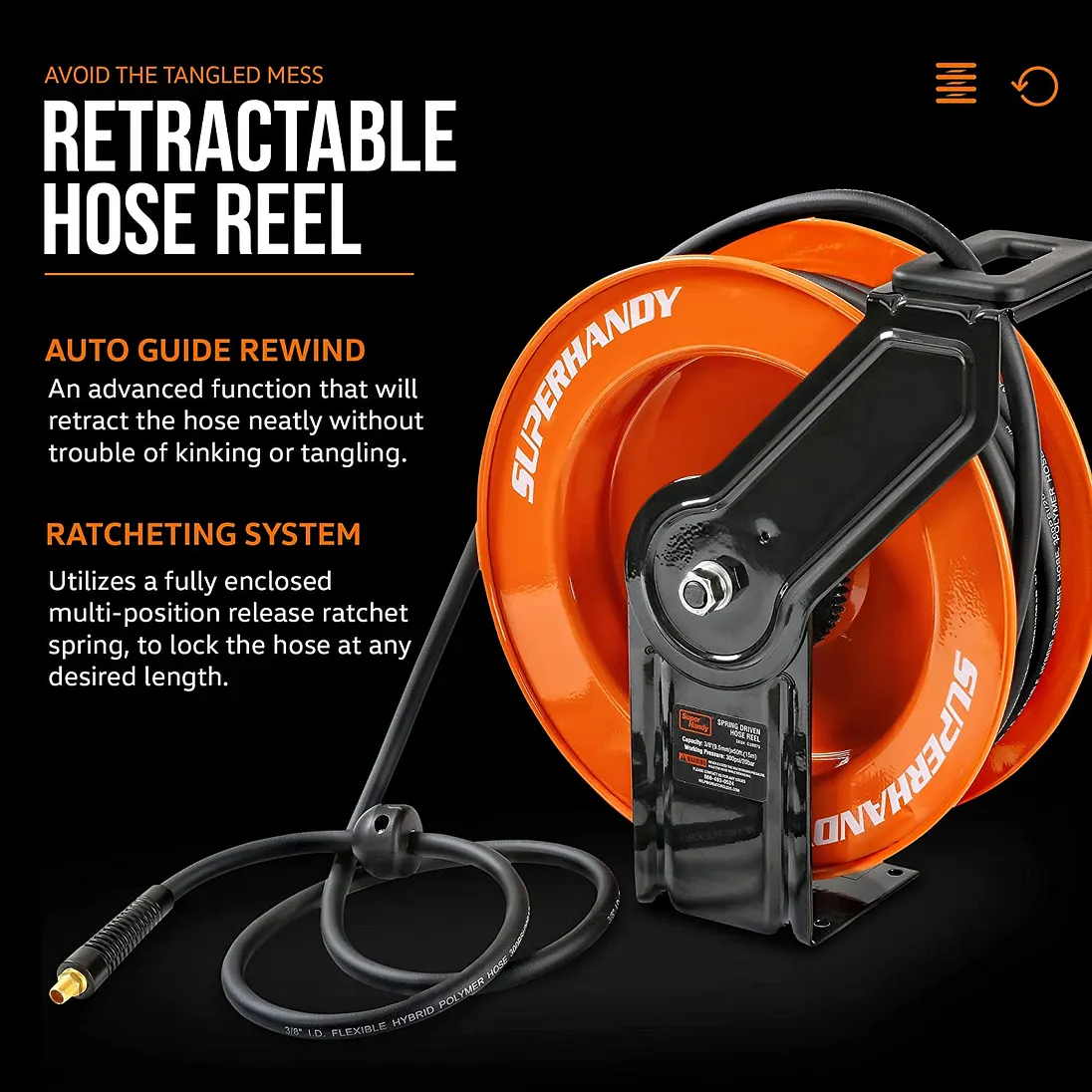 SuperHandy Steel Air Hose Reel, 50 ft, Retractable & Mountable - GUR075