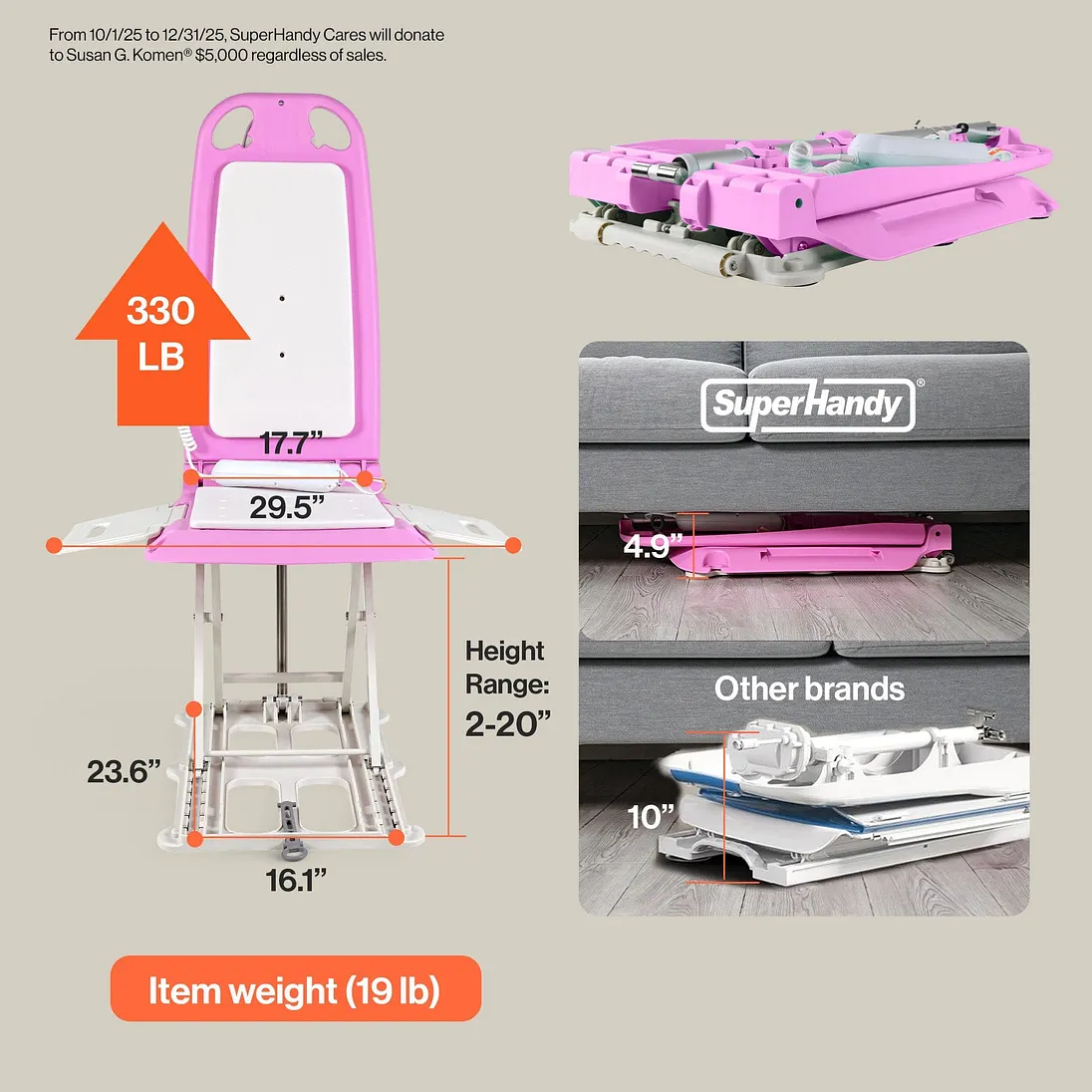SuperHandy GoRise LT Portable Floor & Bath Lift, Pink Edition, 330 lb Capacity - GUT197