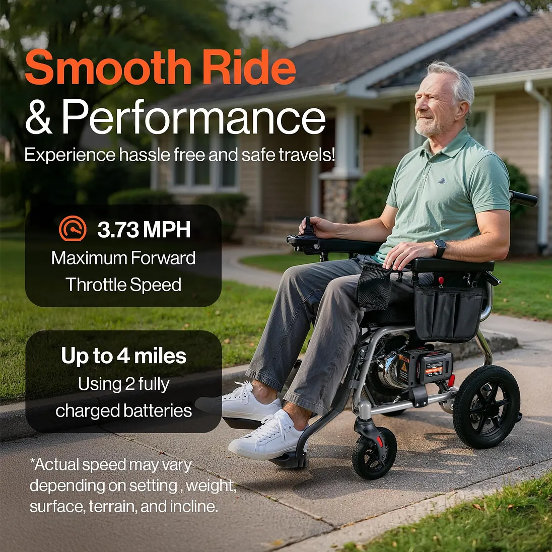 SuperHandy GoRide 2 Plus Lightweight Foldable Electric Wheelchair, 300 lb Capacity - GUT188