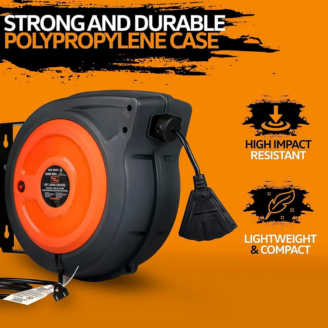 SuperHandy Enclosed Extension Cord Reel, 16AWG, 50 ft - GUR028