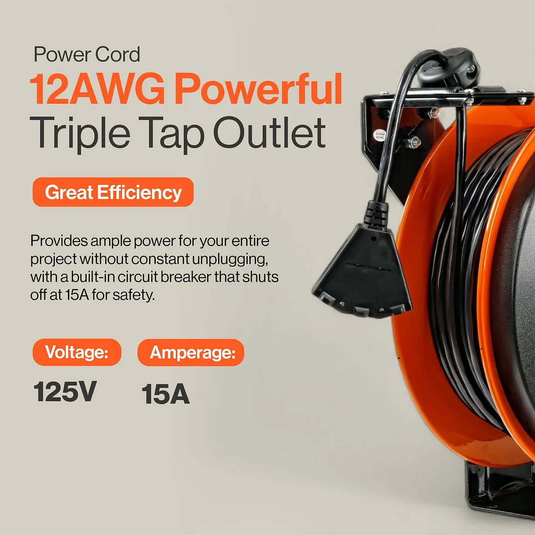 SuperHandy Steel Extension Cord Reel, 12AWG, 80 ft - GUR071