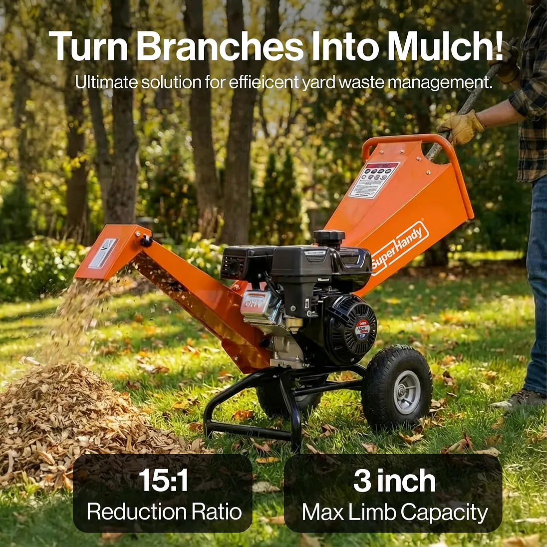 SuperHandy Compact Wood Chipper, 7HP 212cc, 3" Max Branch Capacity - GUO074