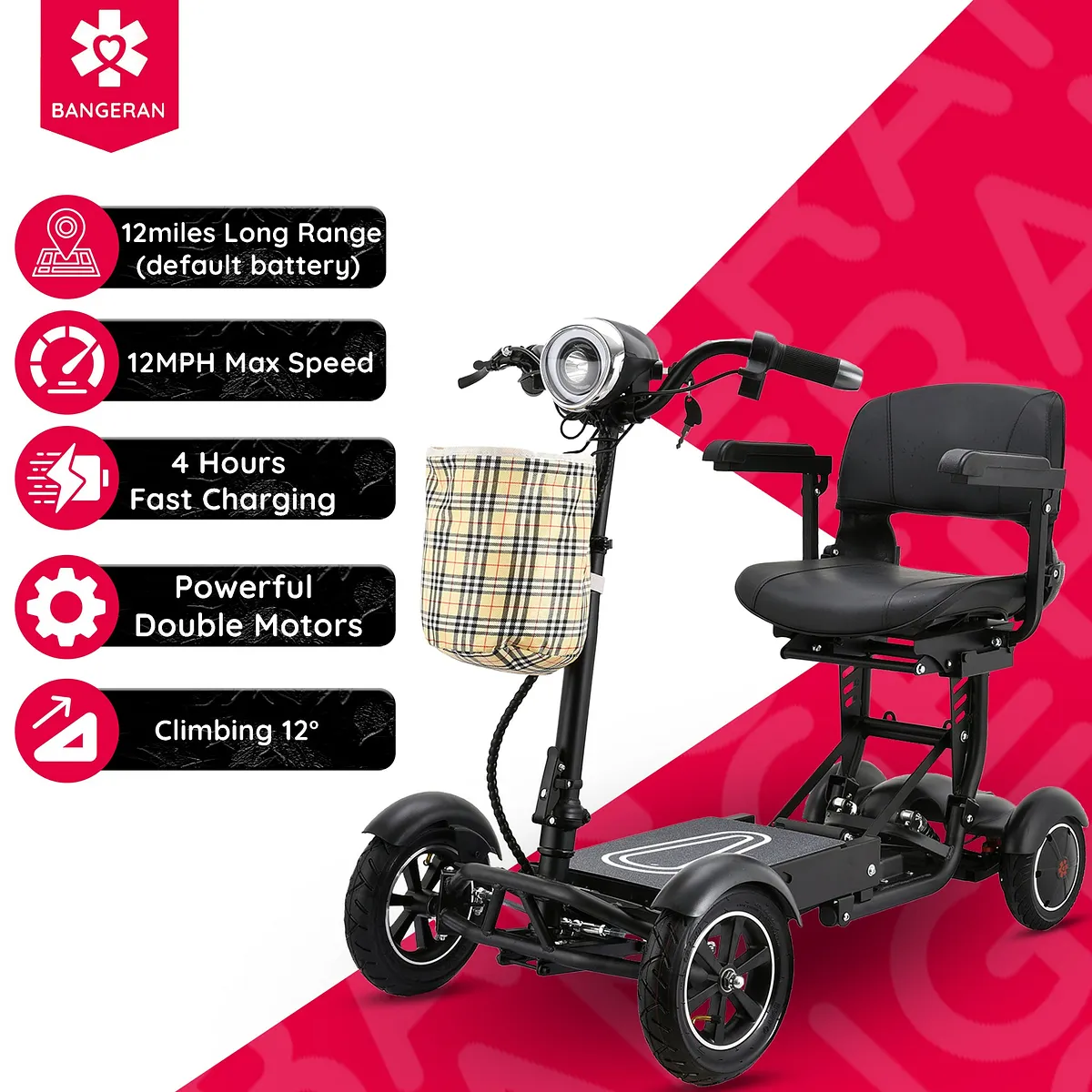 Bangeran Dragon Mobile EX Lightweight Foldable 4-Wheel Mobility Scooter with Full Size Wide Seat