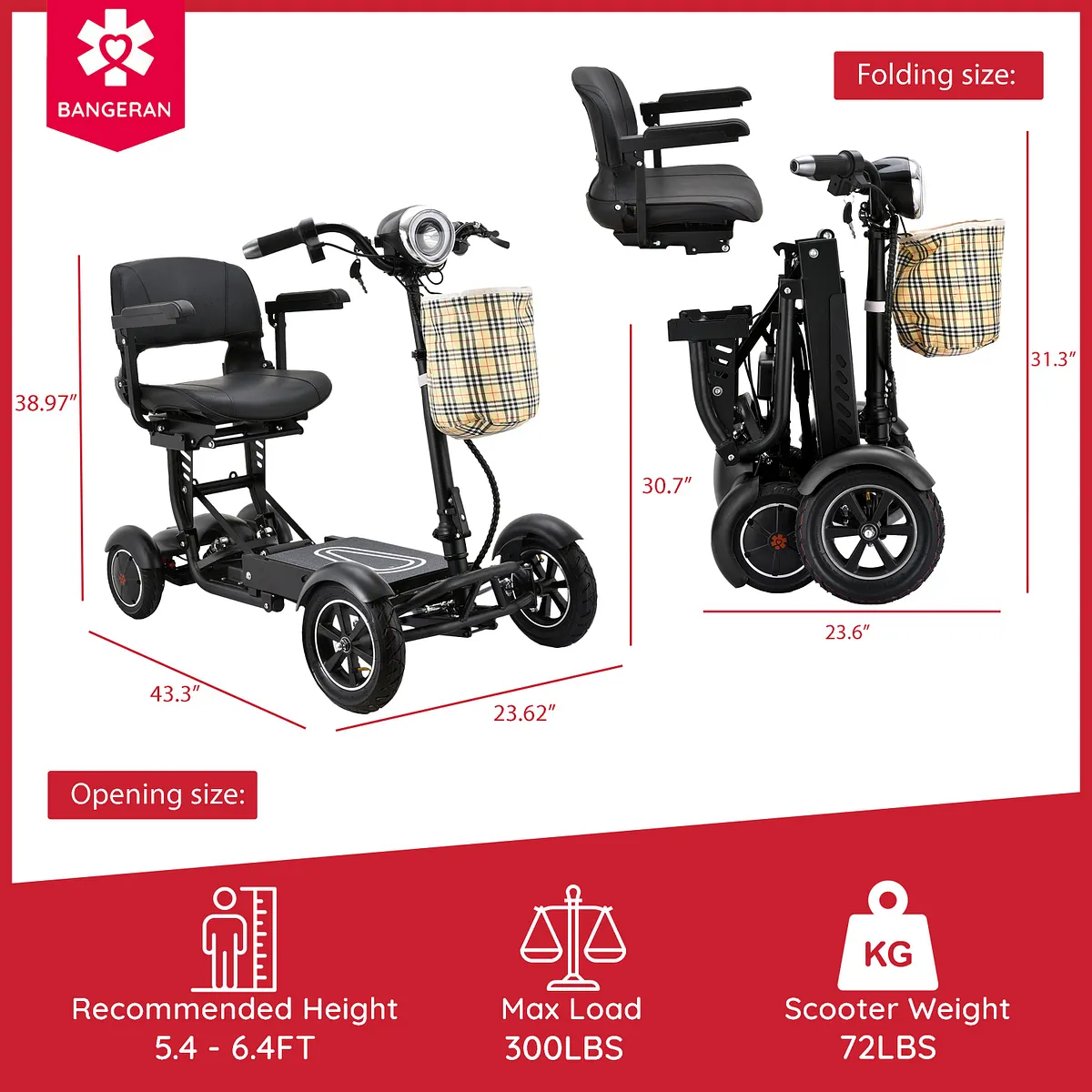 Bangeran 4-Wheel Collapsible Portable Electric Mobility Scooter – Black